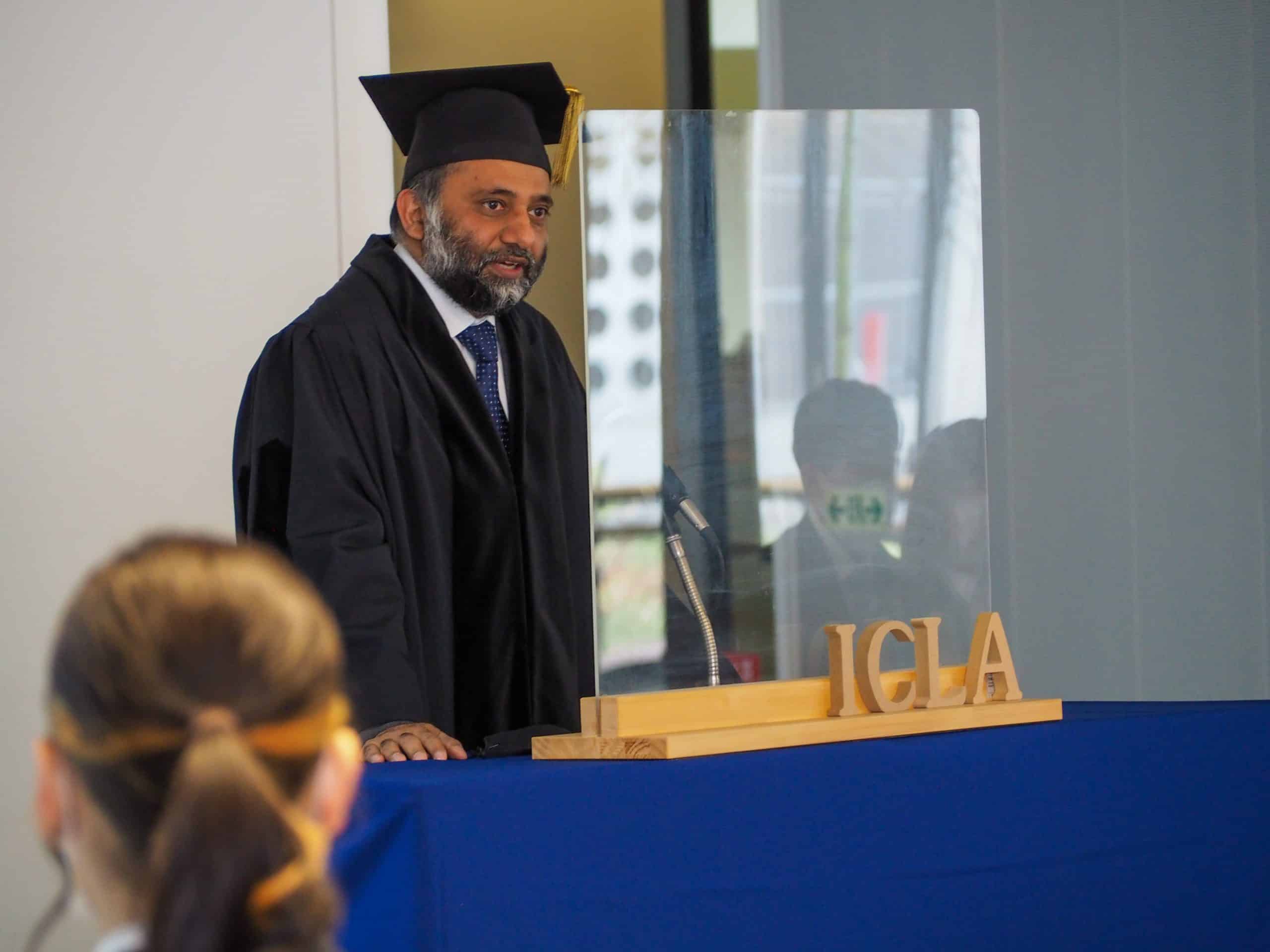 iCLA's Dean gives a speech