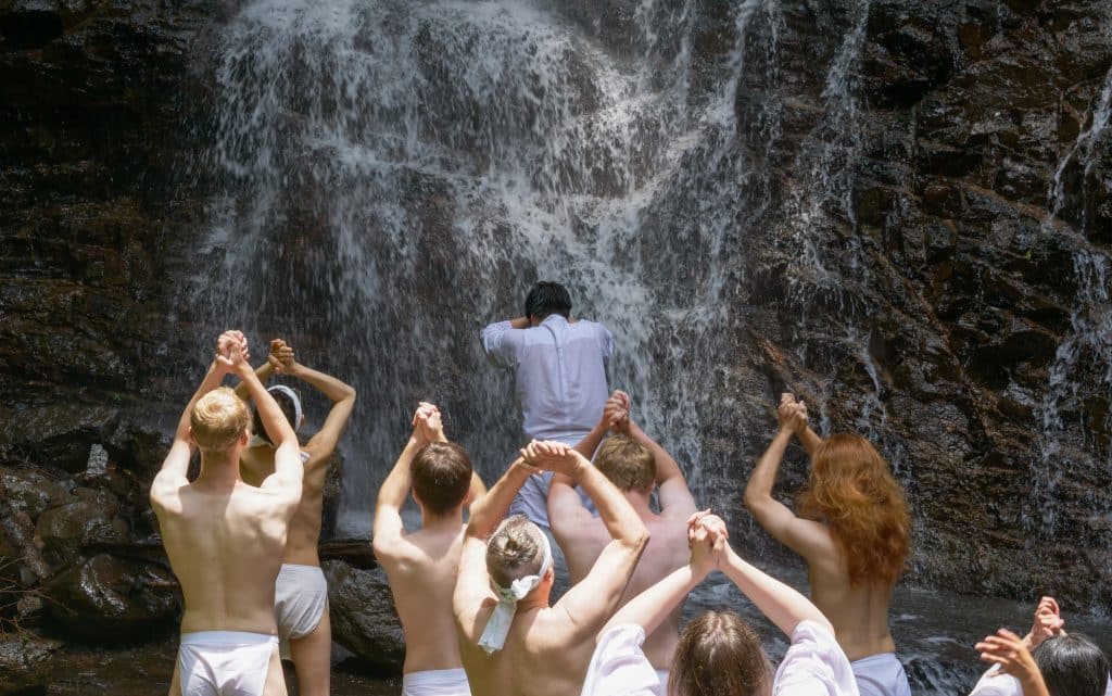 iCLA students prepare to do Shugendo waterfall training at Kawaguchi Asama Shrine's Haha no Shirataki