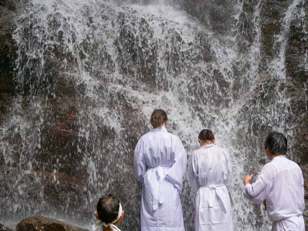 iCLA students doing Shugendo waterfall training at Kawaguchi Asama Shrine's Haha no Shirataki