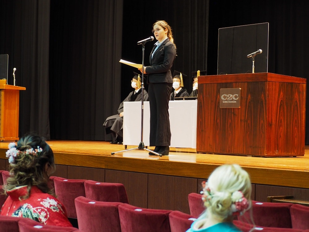 iCLA graduate and valedictorian gives a speech on behalf of all graduates. 