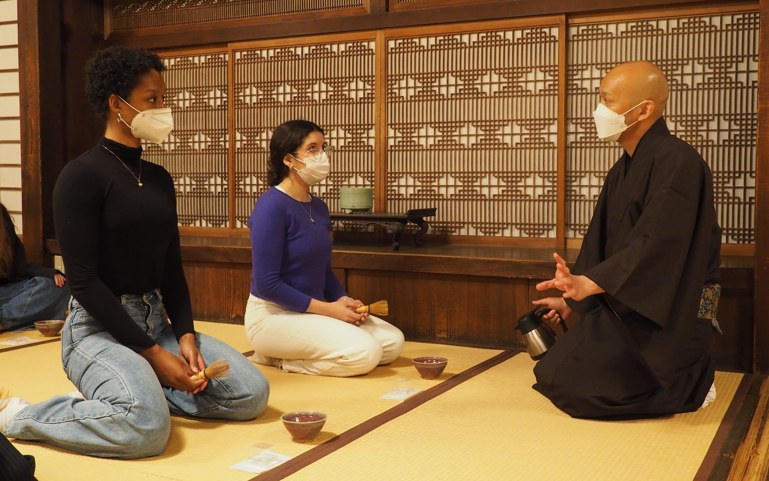 iCLA exchange students listening to tea master Maeshima-sensei at Erinji Temple