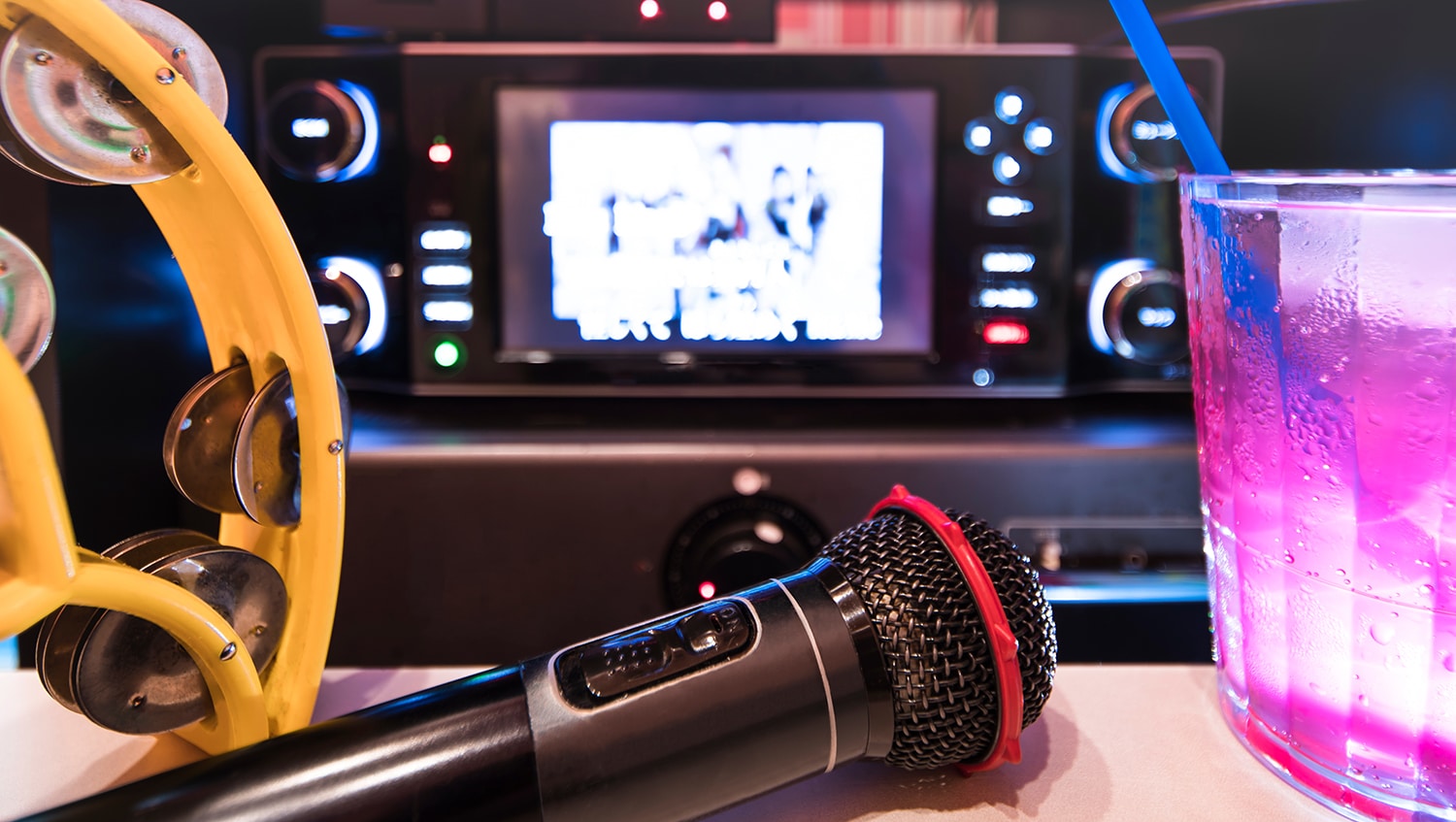 Microphone, Tamborine and Glass with Karaoke Machine