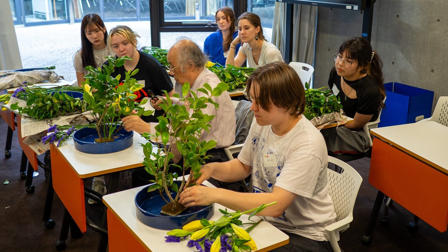 iCLA students sit at desks in a classroom, learning how to do Japanese flower arrangement or ikebana from a master, who is demonstrating how to arrange the flowers.