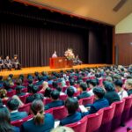 Students attend the Fall 2026 Yamanashi Gakuin University Entrance Ceremony in the Memorial Hall.